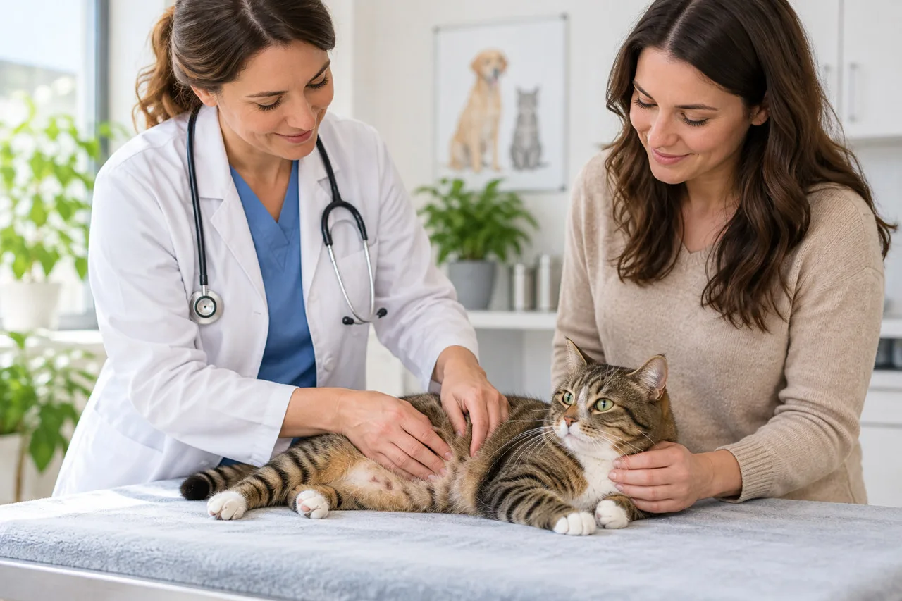 Veterinarian examining a tabby cat gently supported by its owner