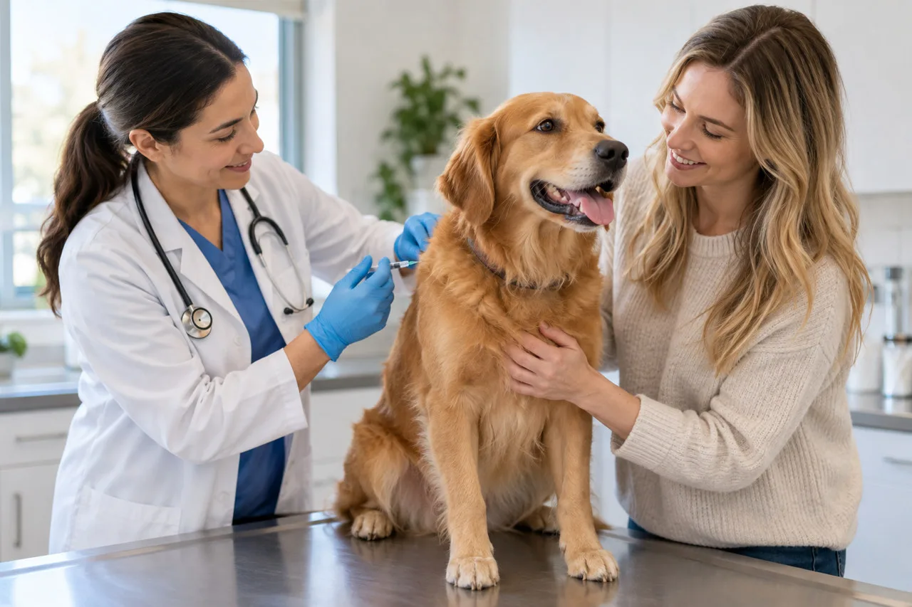 Veterinarian holding a syringe beside a dog supported by its owner